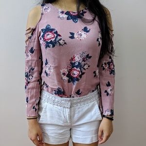 Pink Cold-Shoulder Top With Flowers
